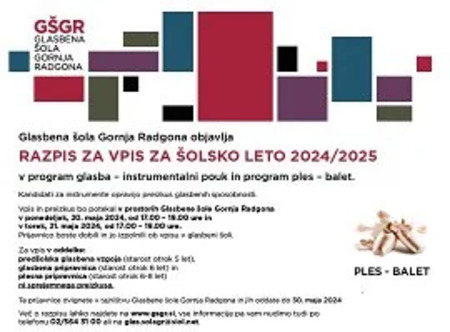 Obvestilo - Glasbena šola Gornja Radgona objavlja razpis za vpis za šolsko leto 2024-2025 1